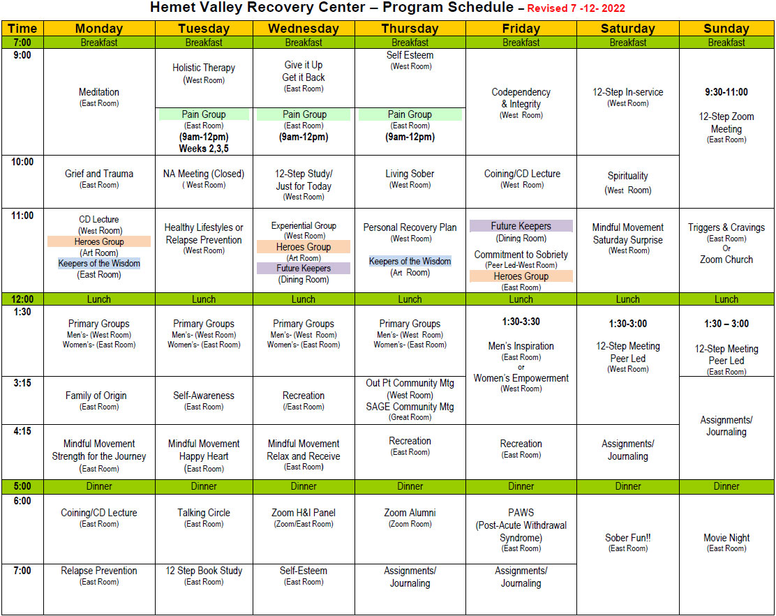 Sample Drug and Alcohol Rehab Weekly Treatment Schedule